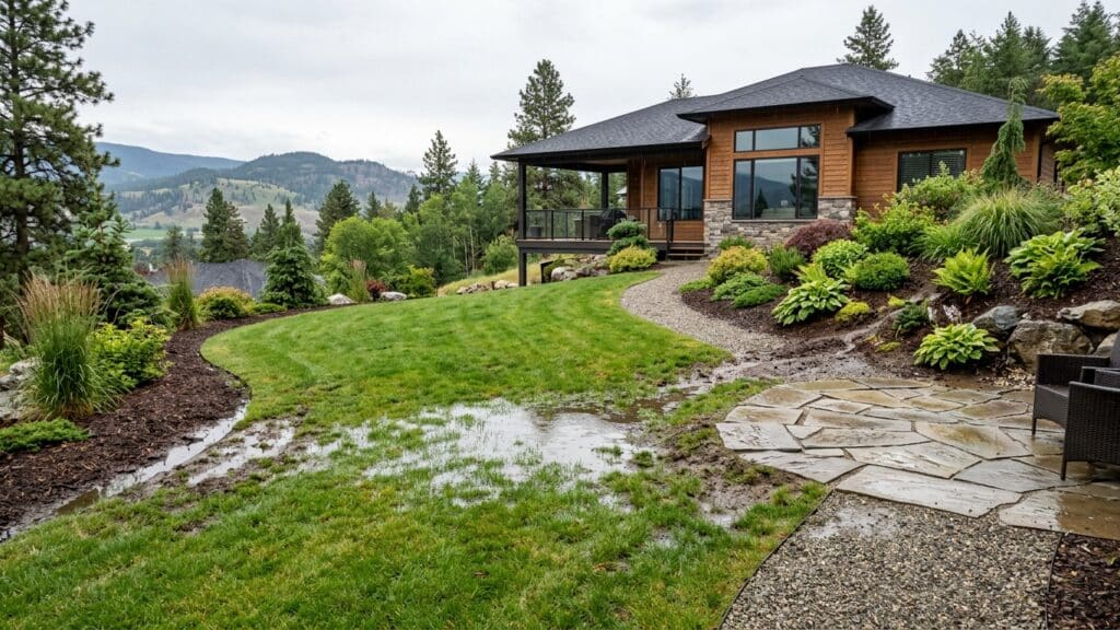 Residential backyard in Vernon with standing water, soggy lawn and drainage problems after rainfall