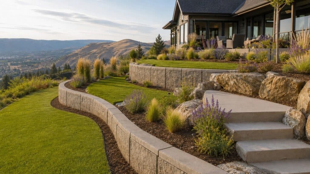 Terraced retaining walls stabilizing a steep landscaped residential property in the Okanagan
