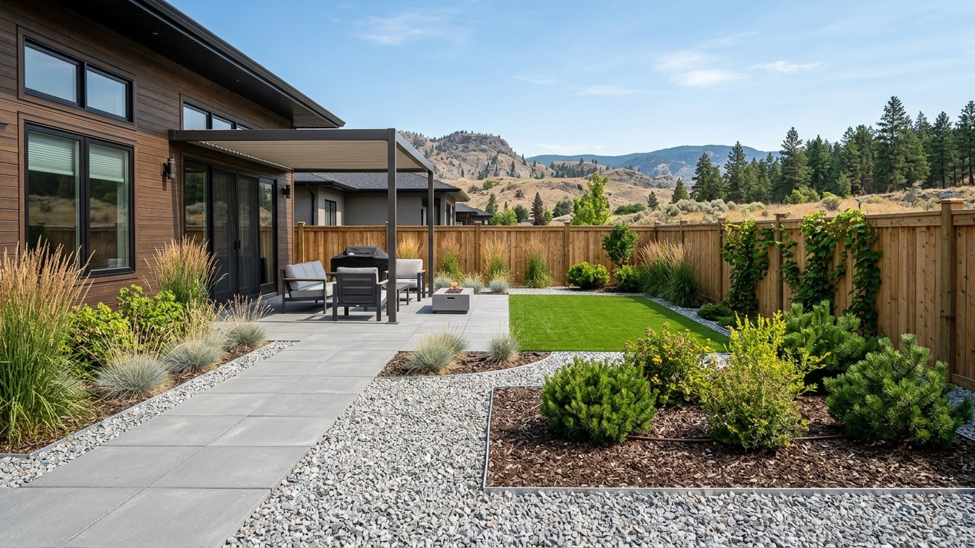 Low-maintenance Okanagan backyard with drought-tolerant plants, decorative gravel and modern patio