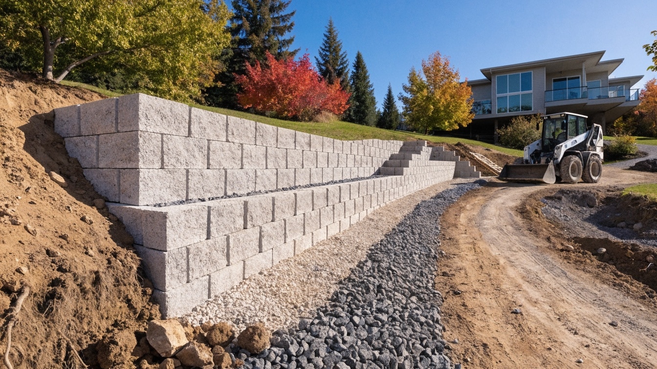 Retaining wall construction on a residential slope in the North Okanagan during fall