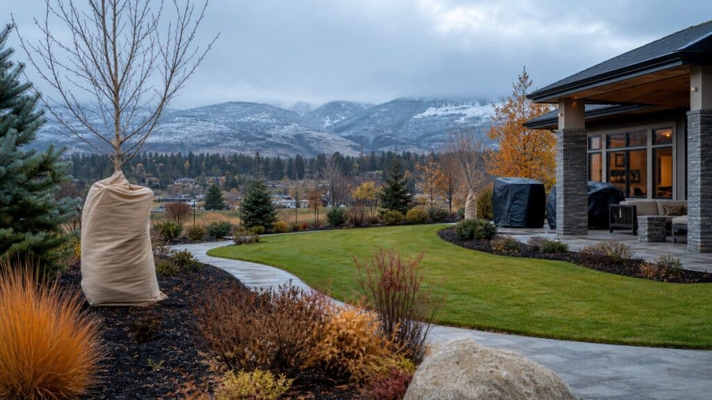 North Okanagan residential landscape prepared for winter with protected trees and clean garden beds