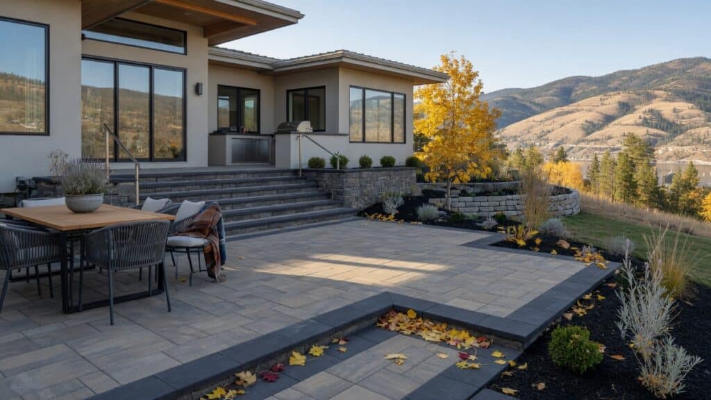 Newly completed paver patio at an Okanagan home in early autumn before winter