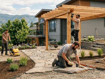 A,Realistic,Outdoor,Residential,Construction,Scene,Showing,A,Professional,Landscaping