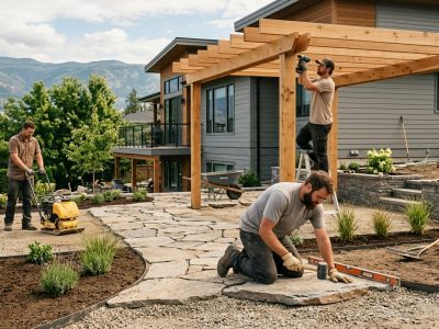 A,Realistic,Outdoor,Residential,Construction,Scene,Showing,A,Professional,Landscaping